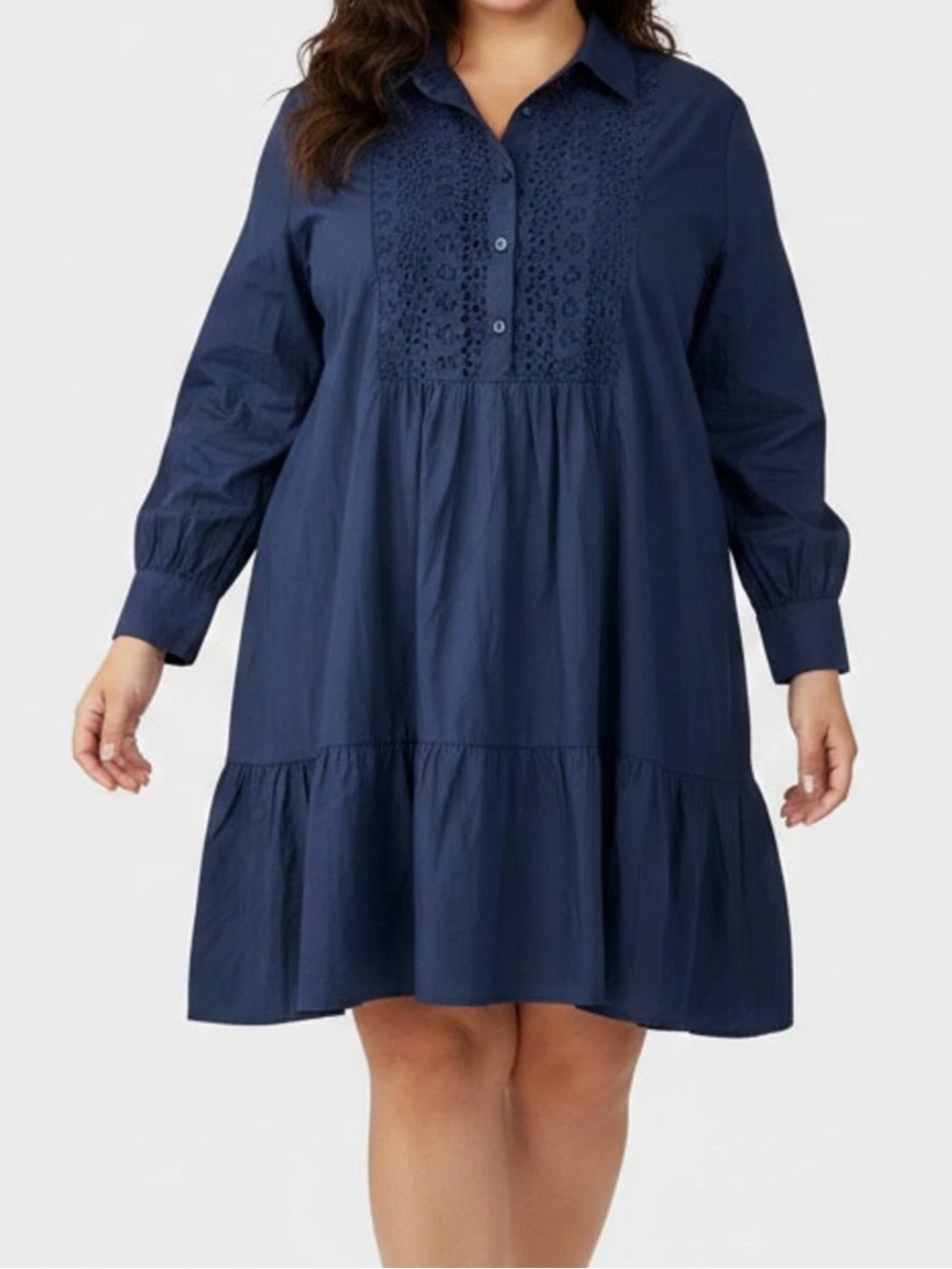 Ophelia Roe Navy Blue Eyelet Tiered Shirt Dress Size XL Cotton Preppy
